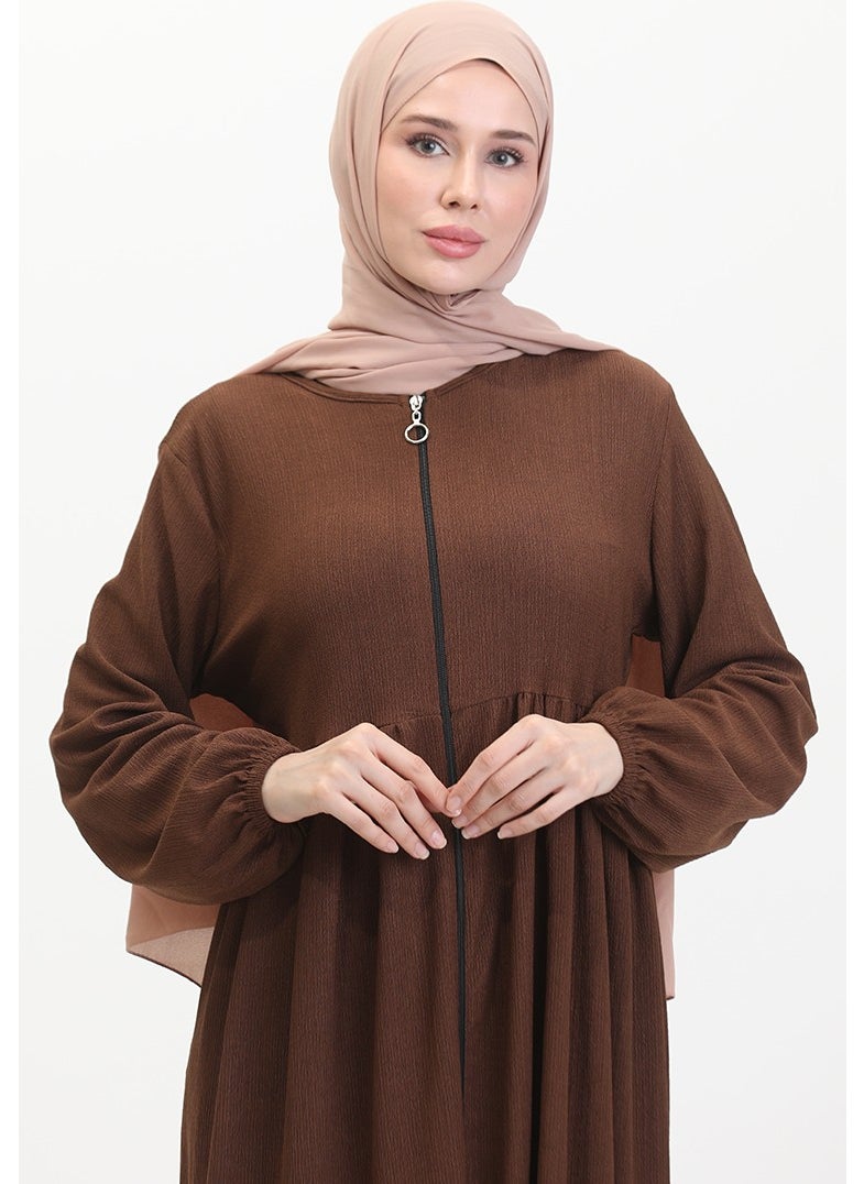 Bürümcük Fabric Shirred Zippered Abaya 1018-08 Brown