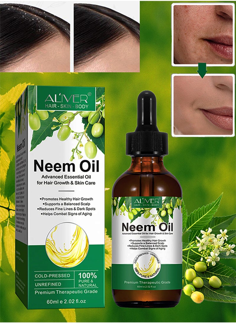 60ml Neem Oil for Hair Growth and Skin Care Pure Cold Pressed Organic Neem Oil for Hair Skin Nails promote Healthy Hair Growth Reduce Fine Lines Dark Spots Anti Aging Essential Serum