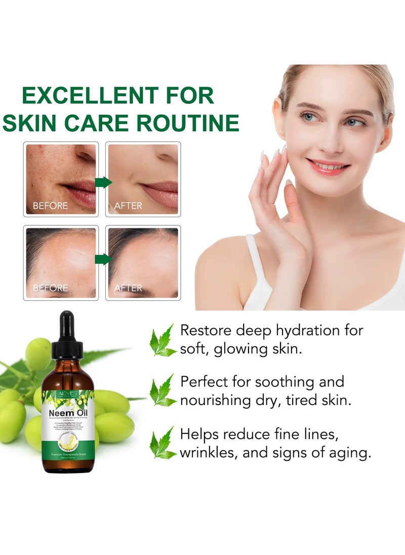 60ml Neem Oil for Hair Growth and Skin Care Pure Cold Pressed Organic Neem Oil for Hair Skin Nails promote Healthy Hair Growth Reduce Fine Lines Dark Spots Anti Aging Essential Serum