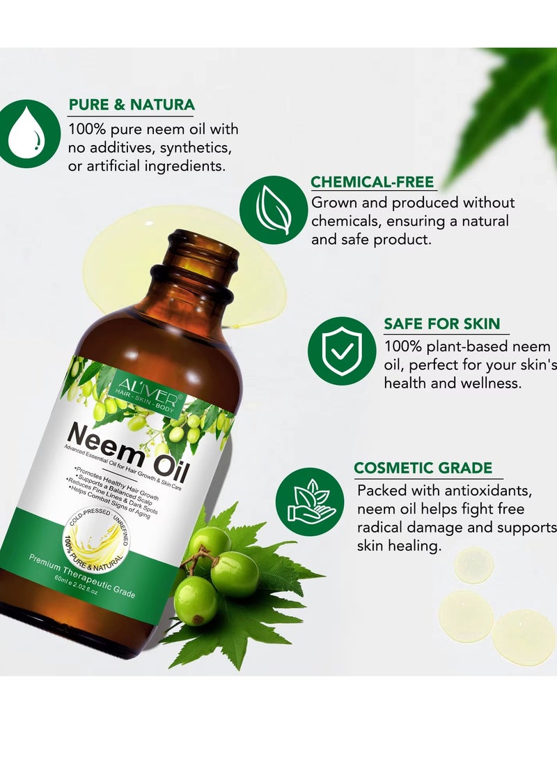 60ml Neem Oil for Hair Growth and Skin Care Pure Cold Pressed Organic Neem Oil for Hair Skin Nails promote Healthy Hair Growth Reduce Fine Lines Dark Spots Anti Aging Essential Serum