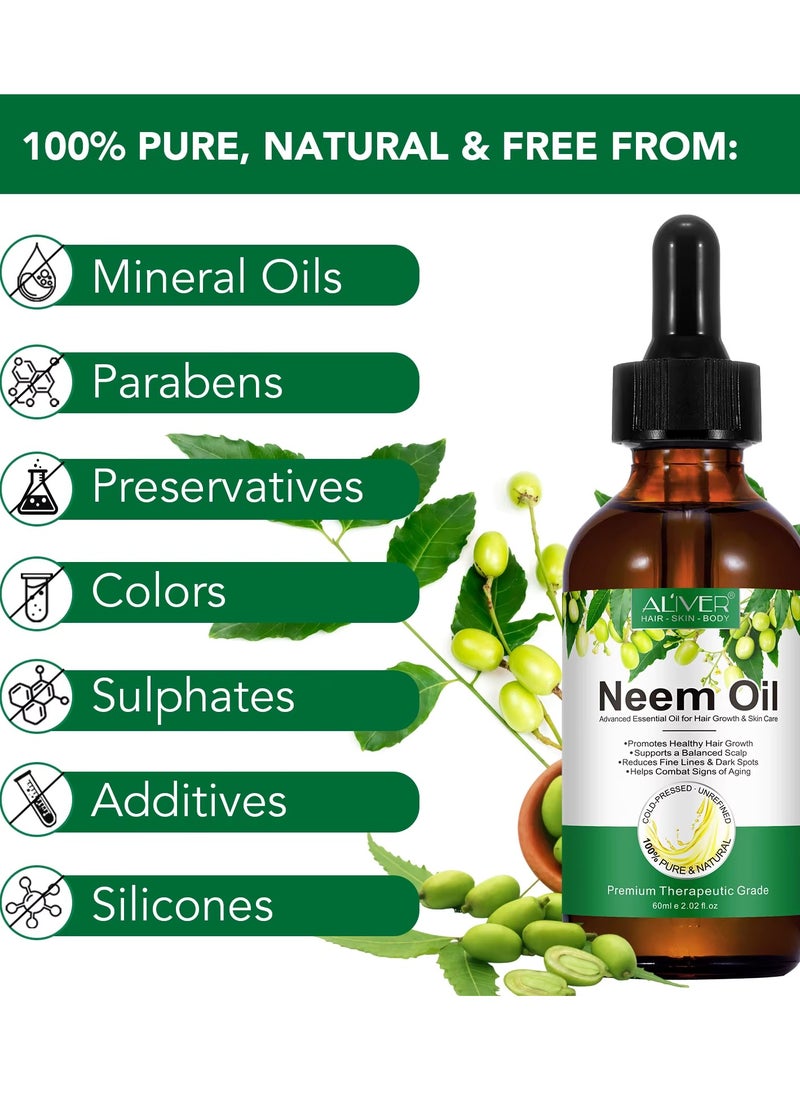 60ml Neem Oil for Hair Growth and Skin Care Pure Cold Pressed Organic Neem Oil for Hair Skin Nails promote Healthy Hair Growth Reduce Fine Lines Dark Spots Anti Aging Essential Serum
