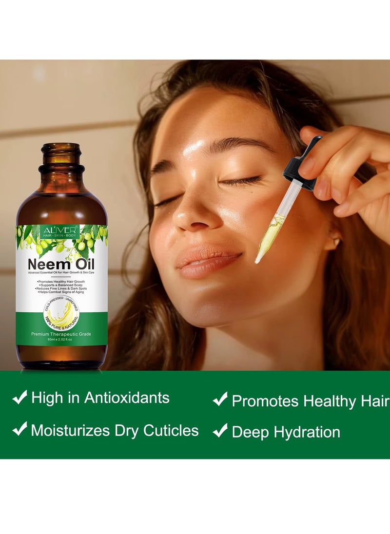 60ml Neem Oil for Hair Growth and Skin Care Pure Cold Pressed Organic Neem Oil for Hair Skin Nails promote Healthy Hair Growth Reduce Fine Lines Dark Spots Anti Aging Essential Serum