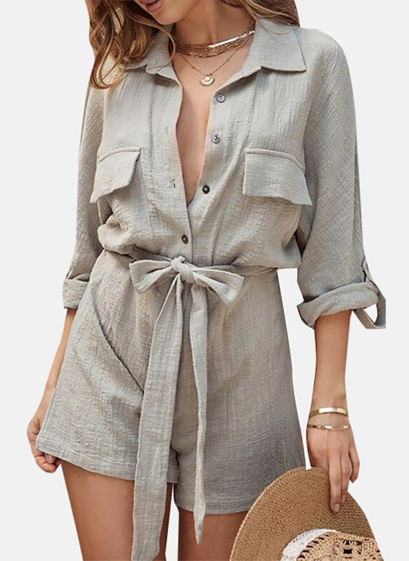 Grey Solid Shirt Collar Playsuit
