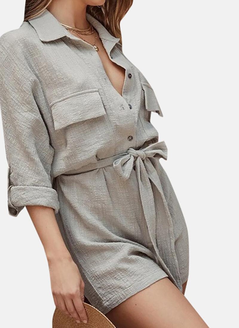 Grey Solid Shirt Collar Playsuit