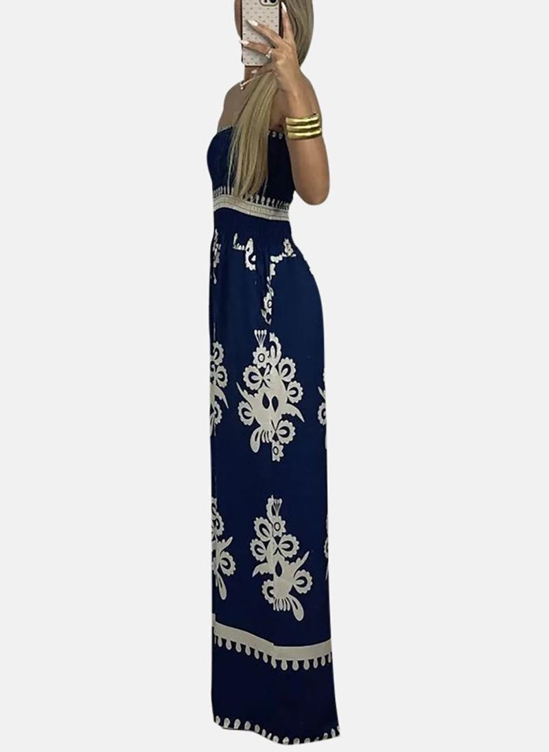 Navy Blue Off-Shoulder Printed Jumpsuit