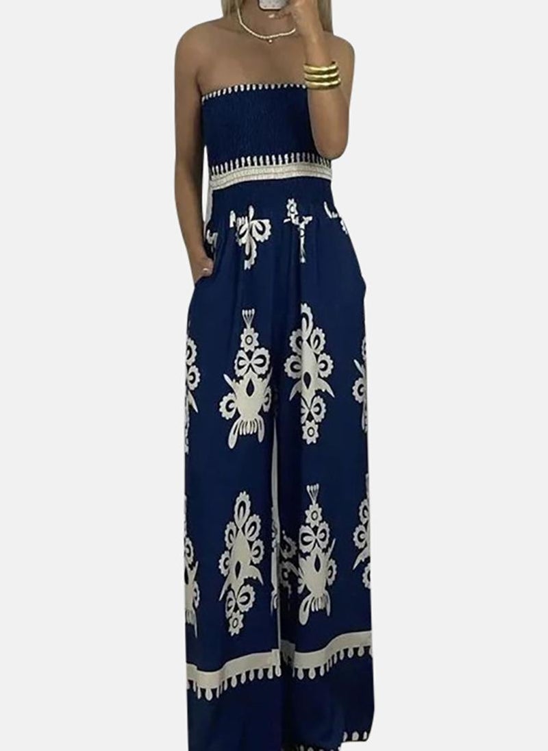 Navy Blue Off-Shoulder Printed Jumpsuit