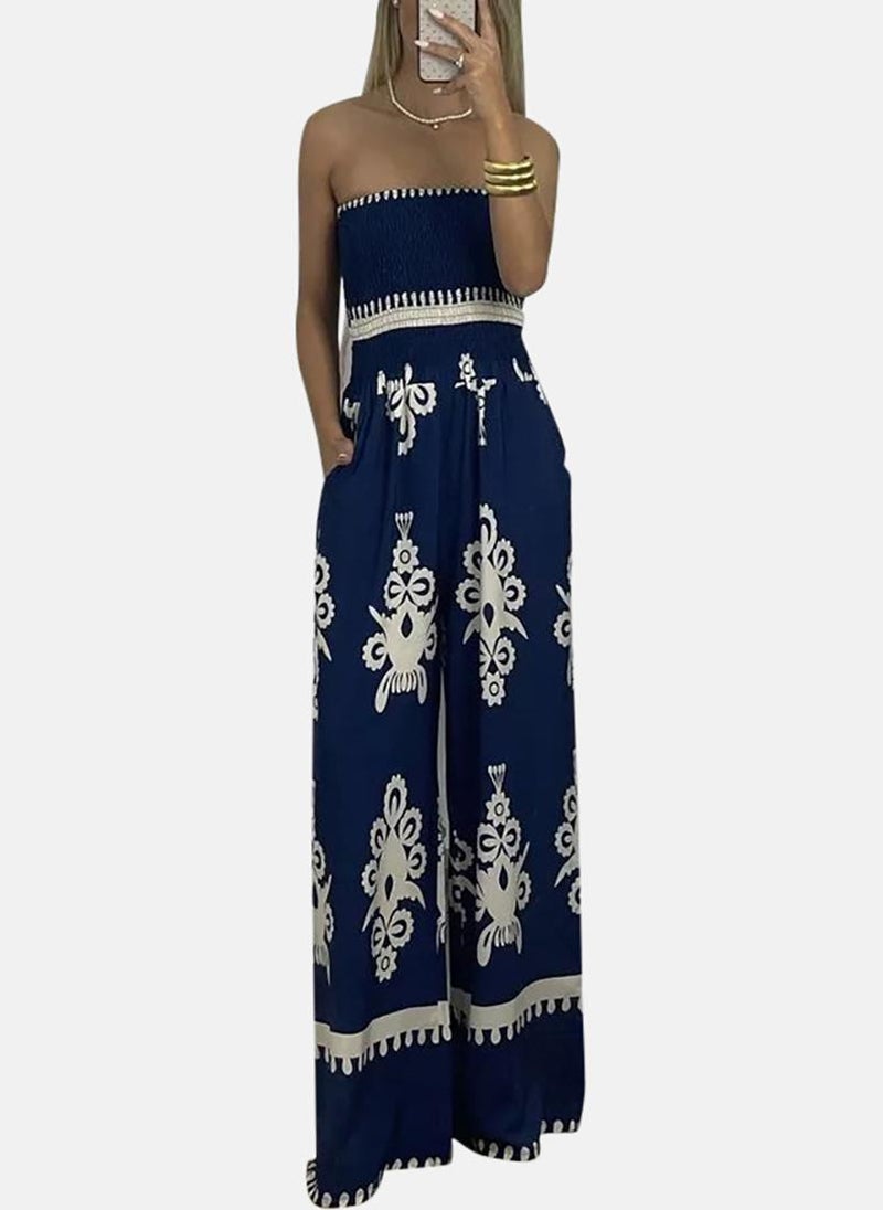 Navy Blue Off-Shoulder Printed Jumpsuit