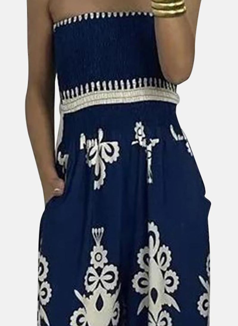 Navy Blue Off-Shoulder Printed Jumpsuit