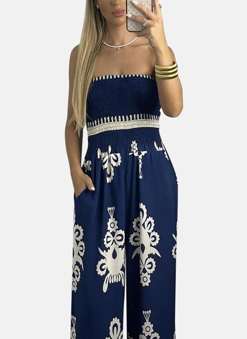 Navy Blue Off-Shoulder Printed Jumpsuit