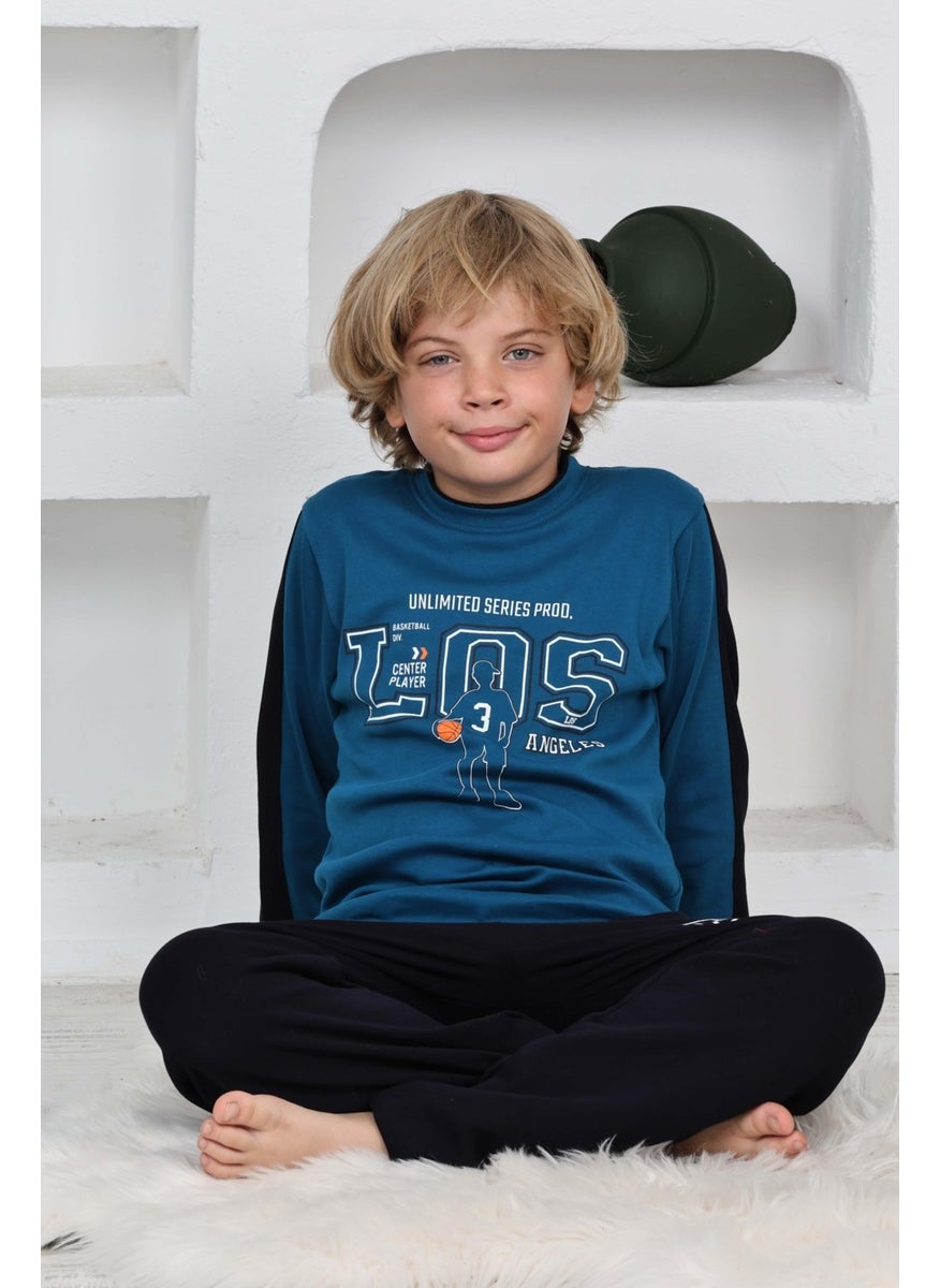Happy City Boy Gez Garson Los Basketball Patterned Long Sleeve Cotton Interlock Pajama Set 5158-İNDIGO