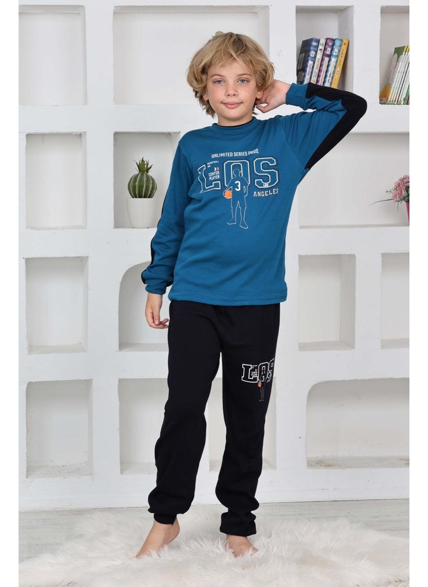 Happy City Boy Gez Garson Los Basketball Patterned Long Sleeve Cotton Interlock Pajama Set 5158-İNDIGO