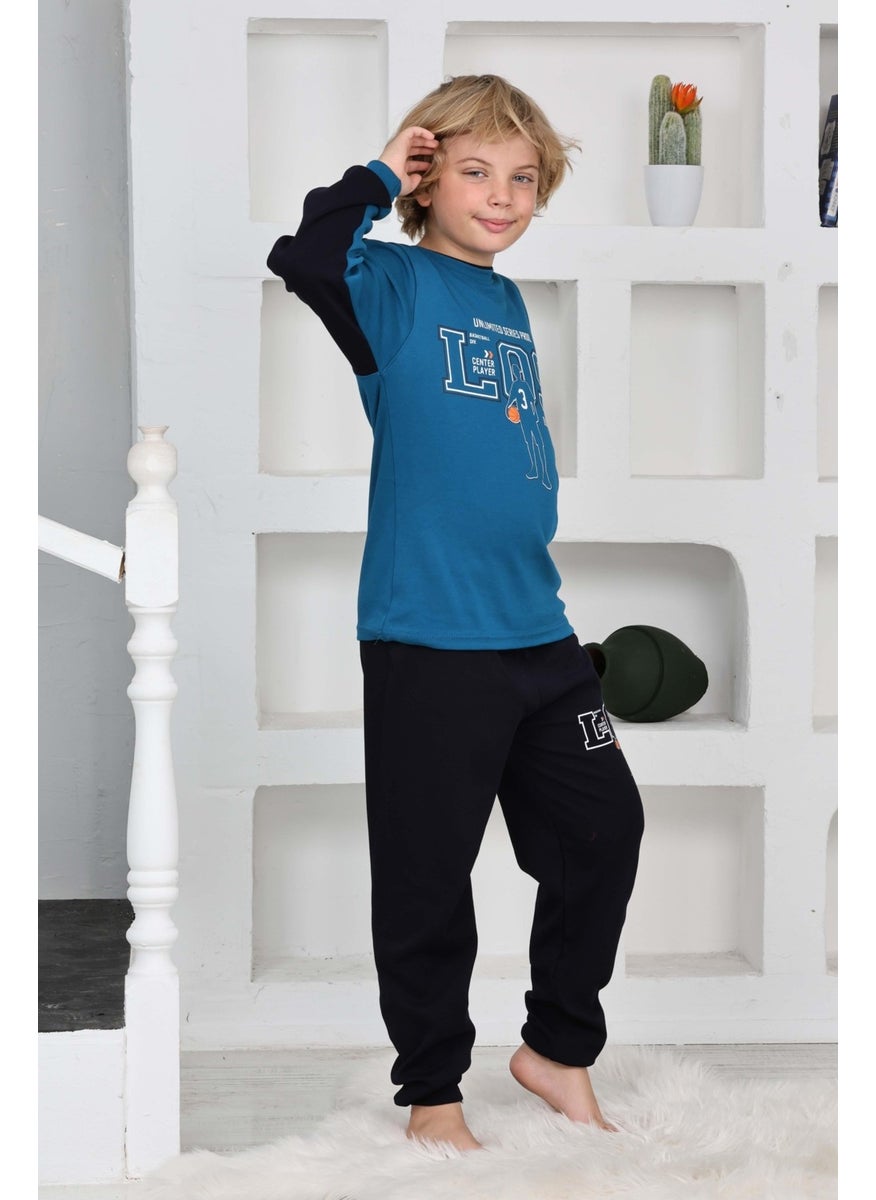 Happy City Boy Gez Garson Los Basketball Patterned Long Sleeve Cotton Interlock Pajama Set 5158-İNDIGO
