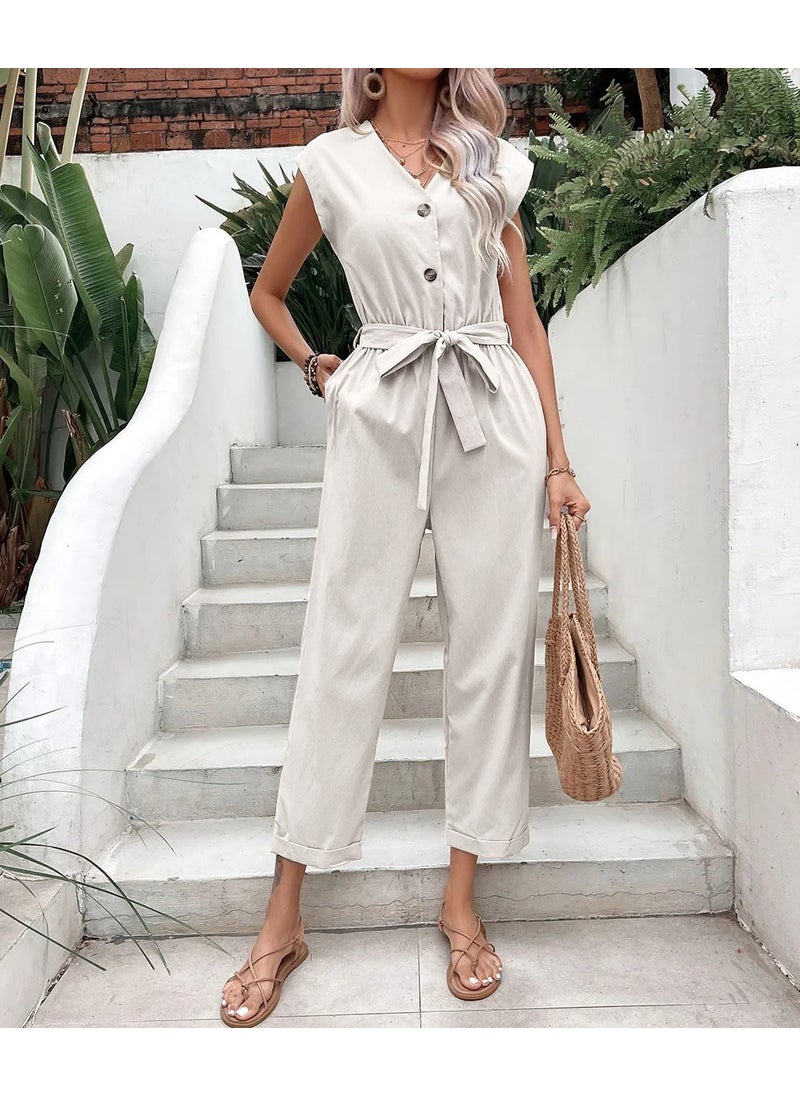 Linen Women's V-Neck Single-Breasted Sleeveless Jumpsuit