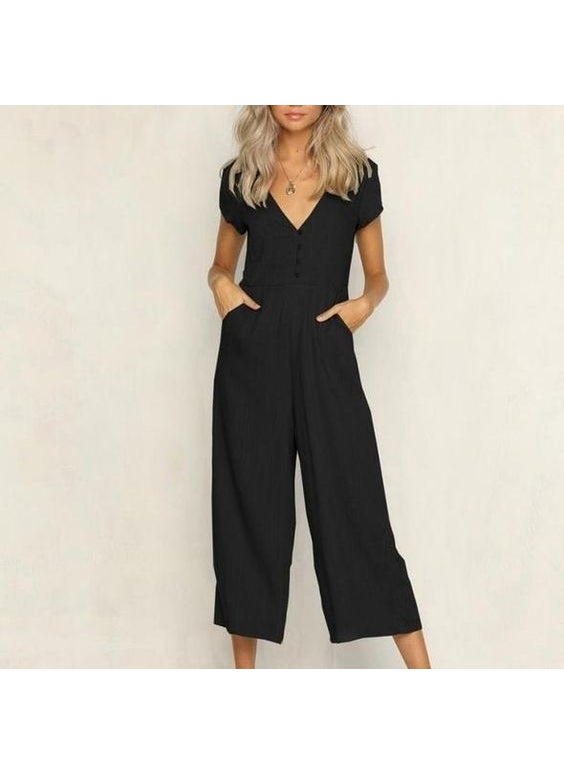 Linen Casual Summer V Neck Short Leg Design Women's Jumpsuit LN1010BLACK5