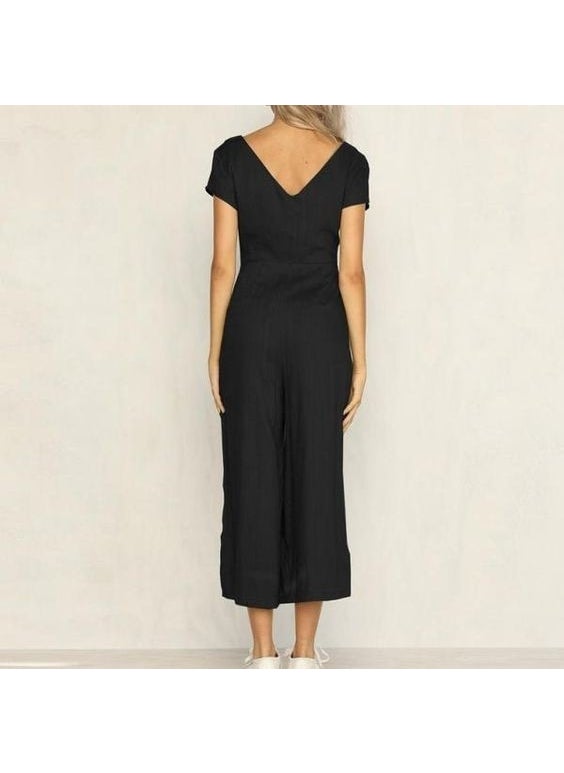 Linen Casual Summer V Neck Short Leg Design Women's Jumpsuit LN1010BLACK5