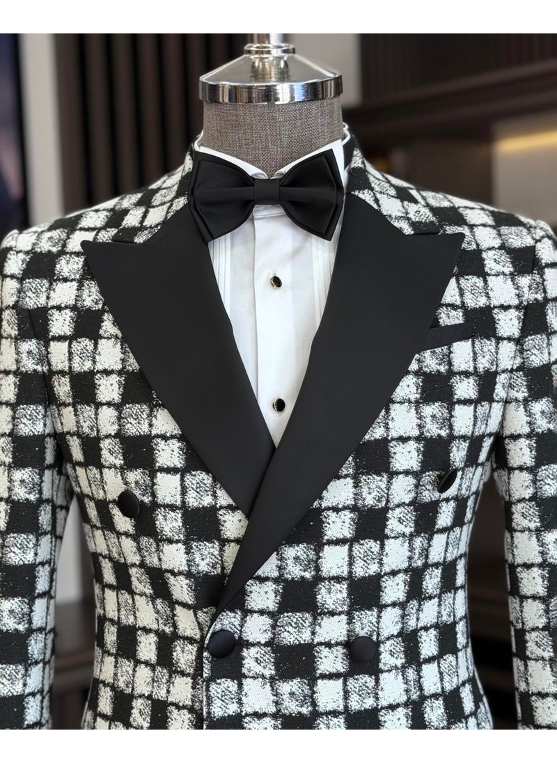 Tailor Adem Altun Italian Style Slim Fit Patterned Double Breasted Jacket Trousers Groom Suit Set Black T11573