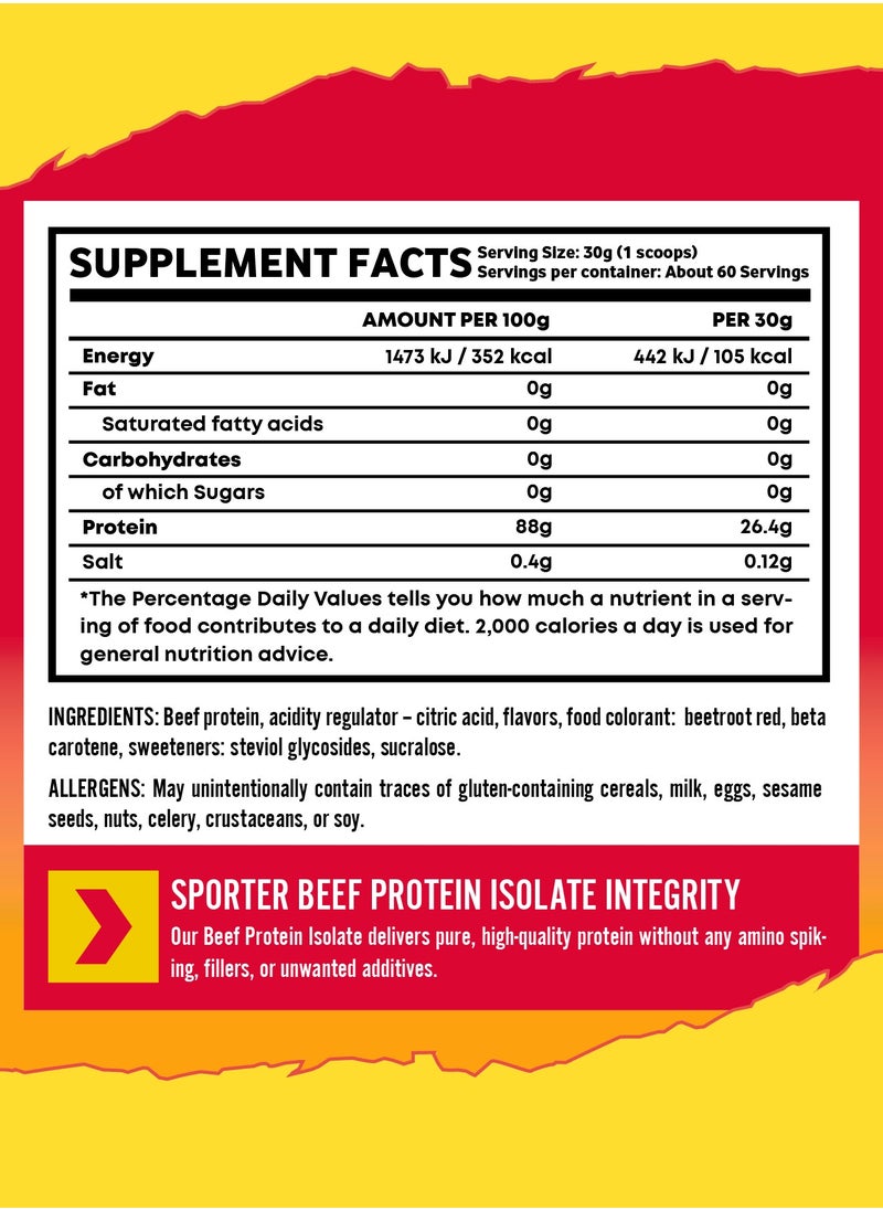 Sporter Beef Protein Isolate – 60 Servings | 26.4g Protein Per Scoop | Zero Carbs, Fat & Sugar | Mango Raspberry Flavor | Lactose-Free & Gut-Friendly | Clean Recovery & Muscle Support