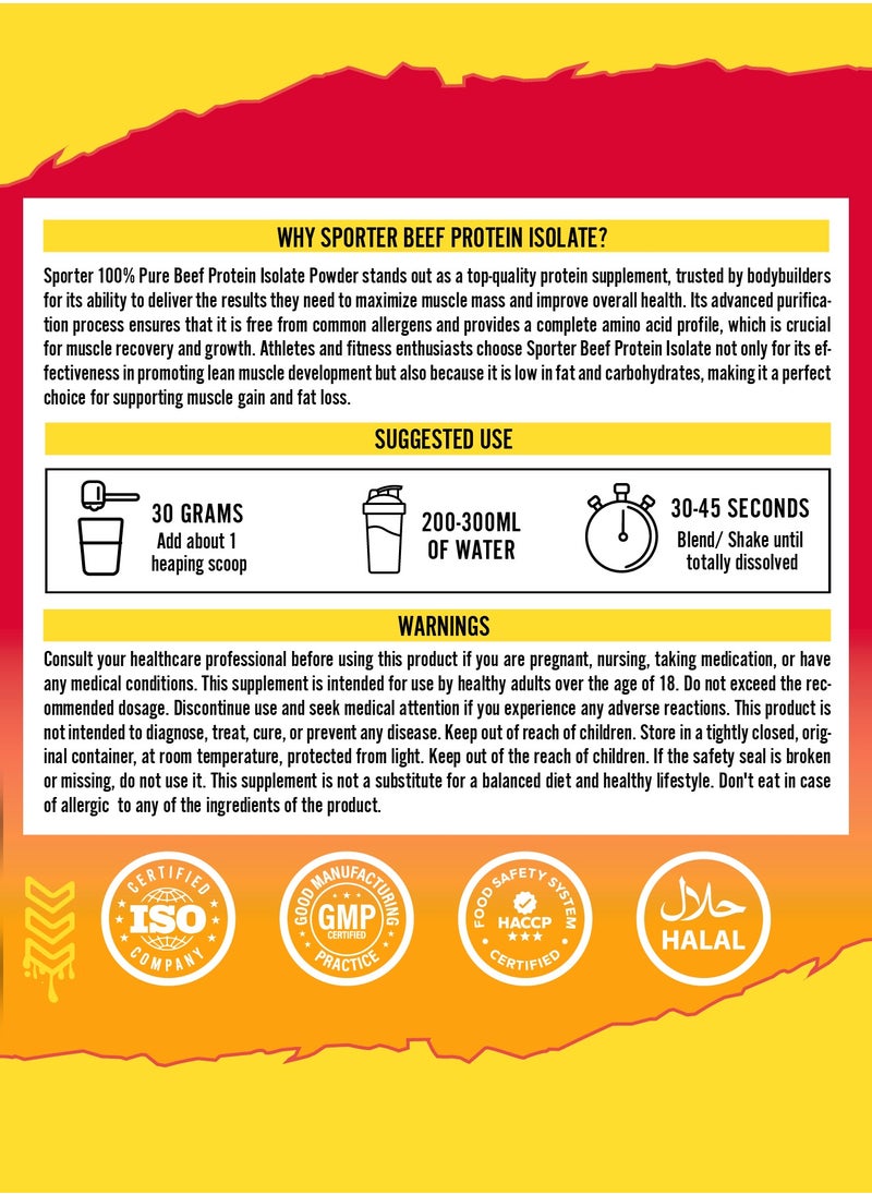 Sporter Beef Protein Isolate – 60 Servings | 26.4g Protein Per Scoop | Zero Carbs, Fat & Sugar | Mango Raspberry Flavor | Lactose-Free & Gut-Friendly | Clean Recovery & Muscle Support