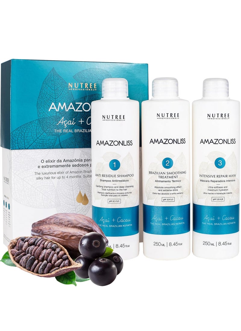 Amazonliss Keratin Hair Treatment Set 845 Fl Oz  Natural Ingredients ACAI Smooths Softens Moisturizes Adds Shine Reduces Frizz Ideal for Dry and Damaged Frizzy Hair