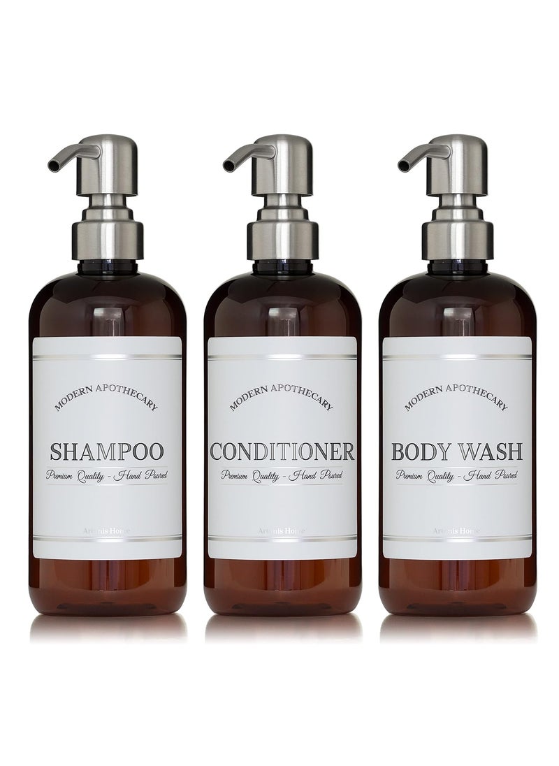 Amber Refillable Shampoo and Conditioner Bottles  Body Wash Shampoo and Conditioner Dispenser  PET Plastic Shampoo Bottles Refillable with Pump  Waterproof Labels  16 oz 3 Pack Stainless Steel