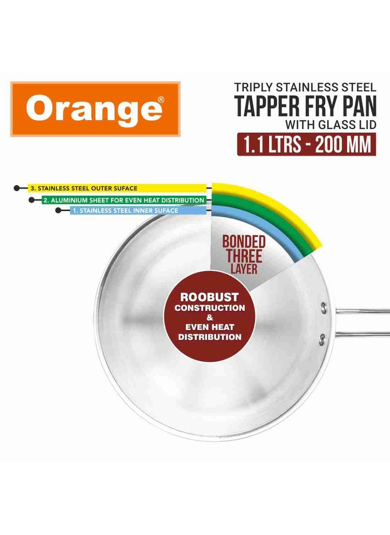Orange Triply Stainless Steel Fry Pan/Kadai with Riveted Cast Long Handle with Glass Lid (1.1 litres)| 20 cm Diameter | Gas top and Induction Bottom Friendly (Fry Pan 1.1L)