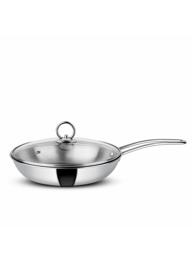 Orange Triply Stainless Steel Fry Pan/Kadai with Riveted Cast Long Handle with Glass Lid (1.1 litres)| 20 cm Diameter | Gas top and Induction Bottom Friendly (Fry Pan 1.1L)