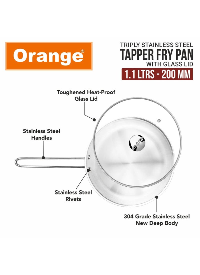 Orange Triply Stainless Steel Fry Pan/Kadai with Riveted Cast Long Handle with Glass Lid (1.1 litres)| 20 cm Diameter | Gas top and Induction Bottom Friendly (Fry Pan 1.1L)