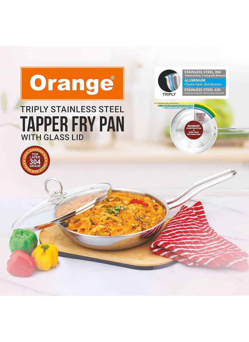 Orange Triply Stainless Steel Fry Pan/Kadai with Riveted Cast Long Handle with Glass Lid (1.1 litres)| 20 cm Diameter | Gas top and Induction Bottom Friendly (Fry Pan 1.1L)