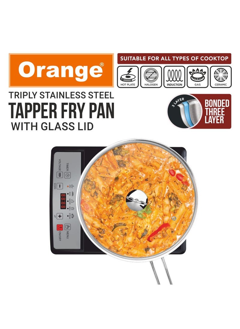 Orange Triply Stainless Steel Fry Pan/Kadai with Riveted Cast Long Handle with Glass Lid (1.1 litres)| 20 cm Diameter | Gas top and Induction Bottom Friendly (Fry Pan 1.1L)