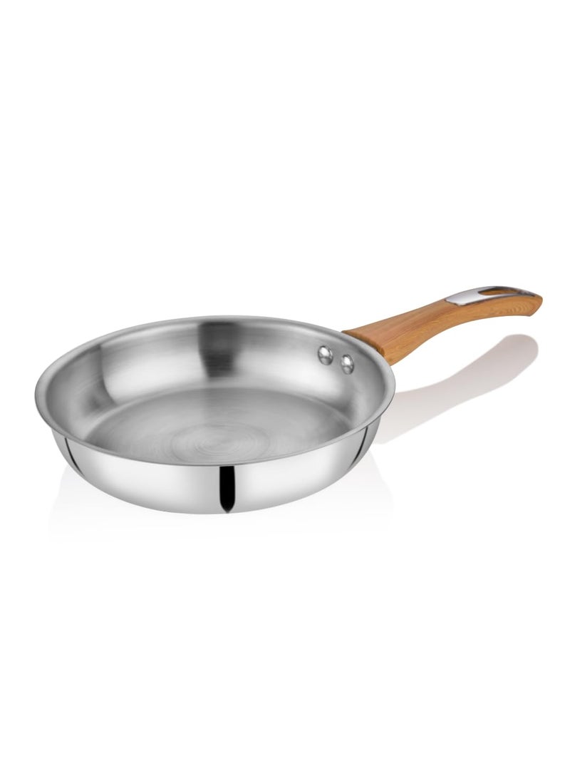 Embassy Stainless Steel Premium Thickply Frypan, Wooden-Finish Handle (700 ml, Size 10)