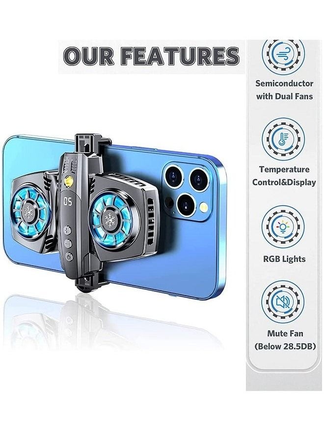 Mobile Phone Cooler Great Heat Dissipation Intelligent Energy Saving Dual Semiconductor RGB Cell Phone Cooling Fan Radiator for Xiaomi iPhone Cooler Heat Sink Game Cooling for Playing Games K4 (Black）