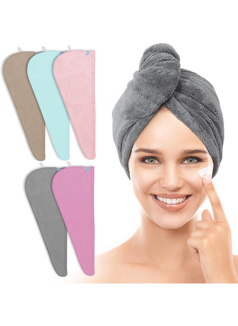 TENSTARS 5 Pack Thicken Microfiber Hair Towel Wrap for Women  Elastic Loop Design  320GSM Coral Velvet  Quick Dry Hair Turban  11x28 Inch GreyPinkBrownFrozenBlueFrozenBerry
