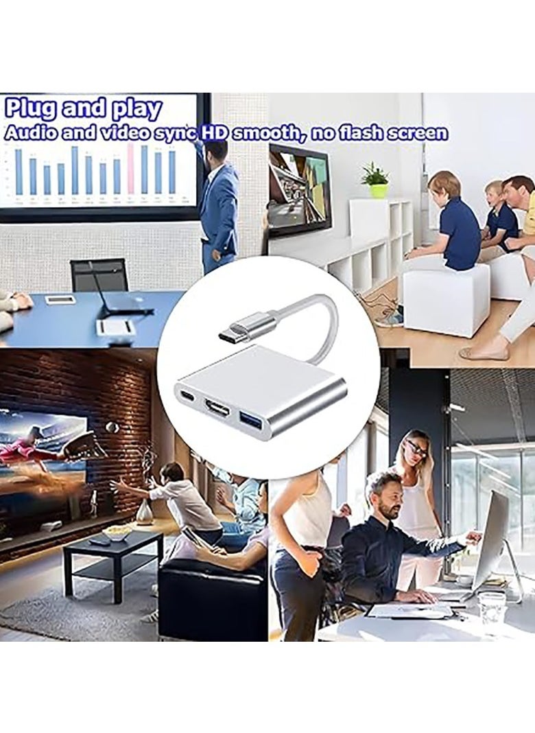 USB Type-C to HDMI 3-in-1 adapter, 4K video converter with 3.0 and Type-C charging ports, USB-C Digital AV multi-port adapter for Mac devices (silver)