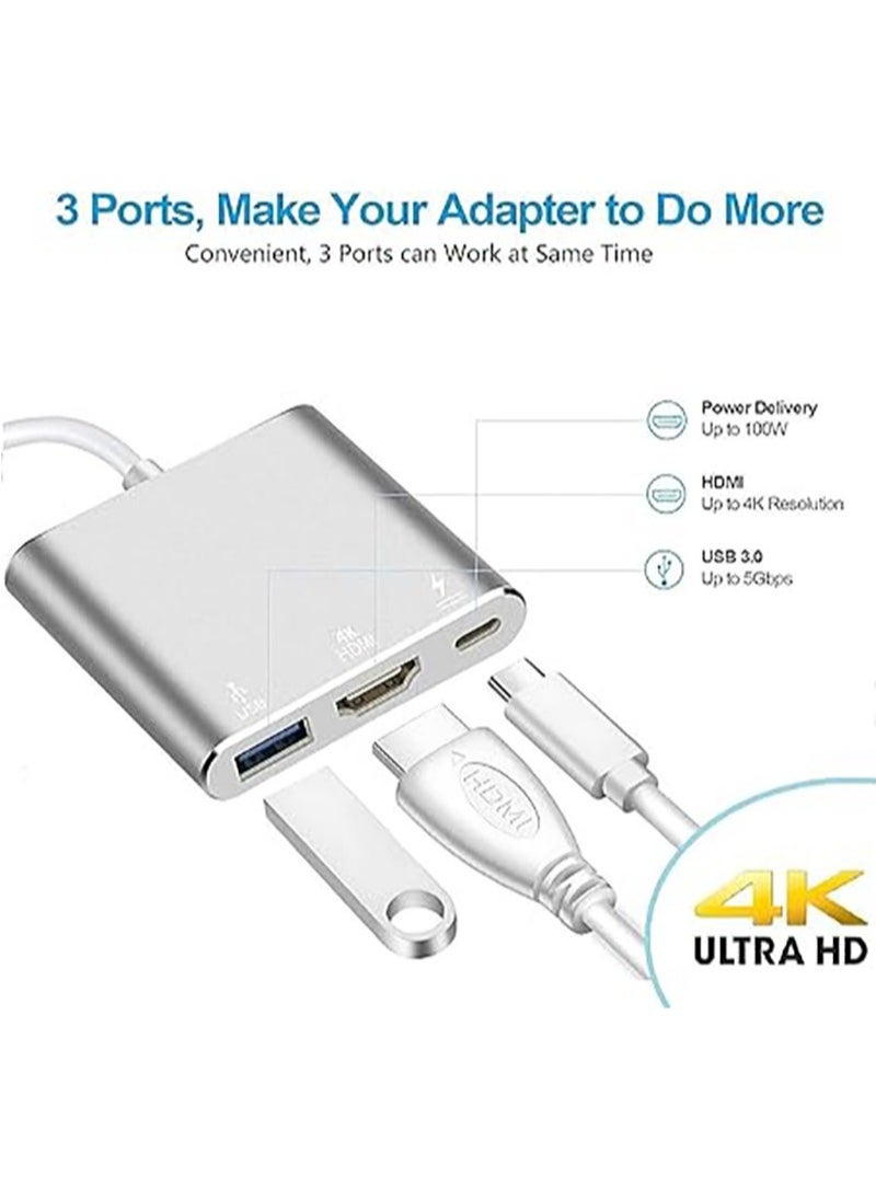 USB Type-C to HDMI 3-in-1 adapter, 4K video converter with 3.0 and Type-C charging ports, USB-C Digital AV multi-port adapter for Mac devices (silver)