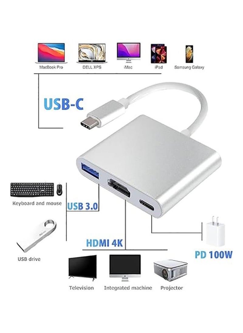 USB Type-C to HDMI 3-in-1 adapter, 4K video converter with 3.0 and Type-C charging ports, USB-C Digital AV multi-port adapter for Mac devices (silver)