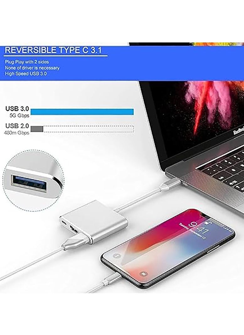 USB Type-C to HDMI 3-in-1 adapter, 4K video converter with 3.0 and Type-C charging ports, USB-C Digital AV multi-port adapter for Mac devices (silver)