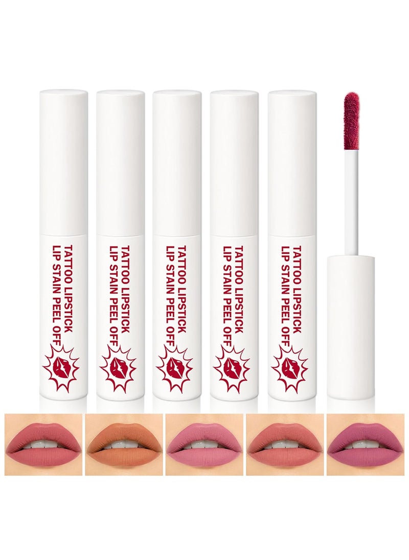 AWCCXMYM 5Pcs Lip Stain Peel Off Lip Tint Stain Matte High Pigment Longlasting Lightweight Peelable Lip Liner Stain for Natural Gloss All Day