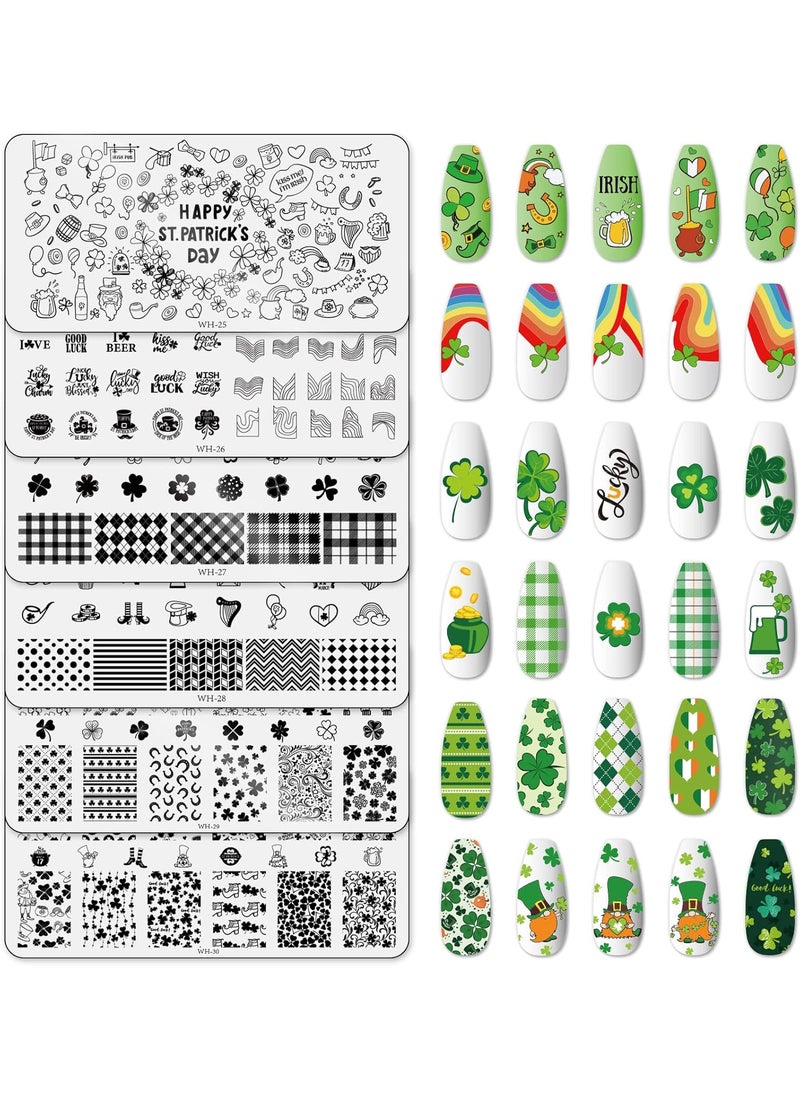 Whaline 6 Pieces St Patricks Day Nail Stamping Plates Kit Lucky Shamrock Rainbow Image Stamp Templates Irish Nail Art Plates for St Patricks Day DIY Print Manicure Salon Design Gift