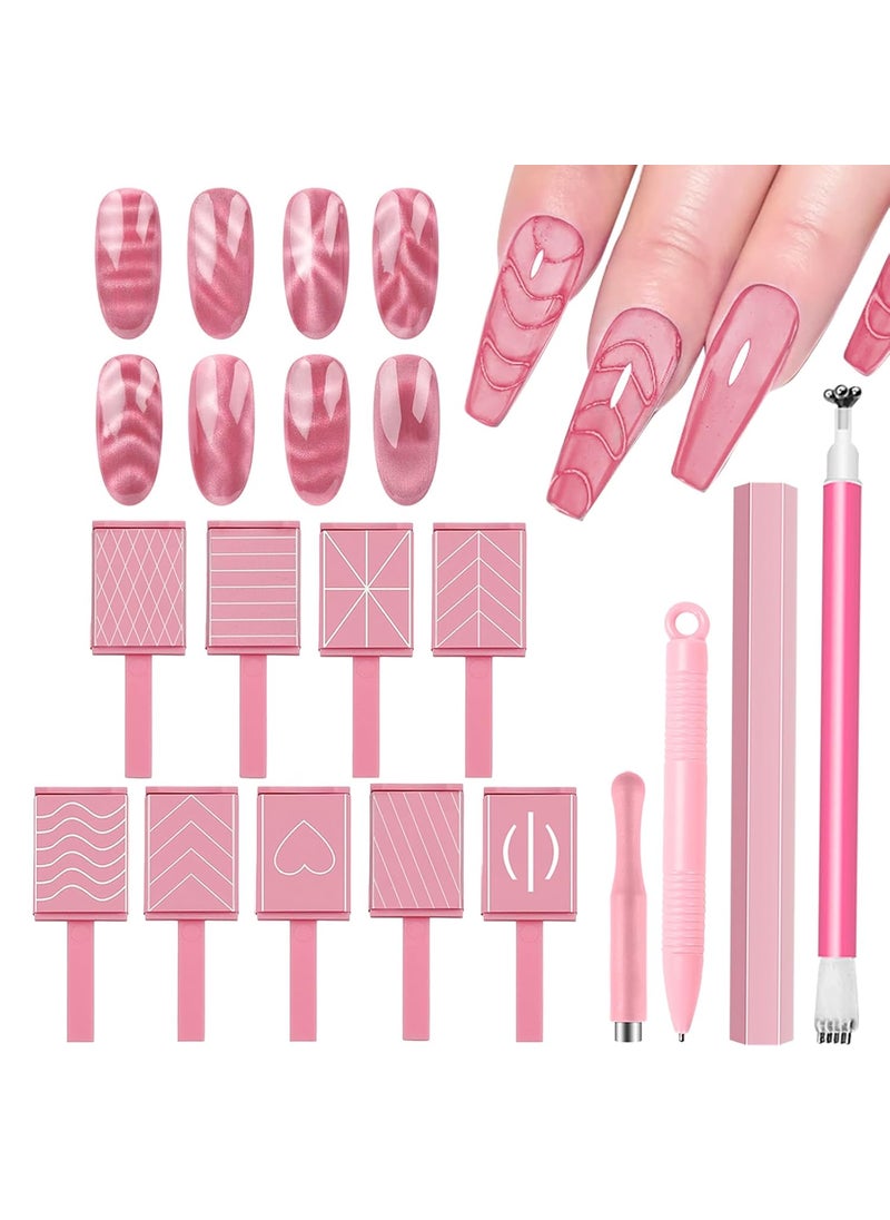 JERCLITY 13 Pieces Pink Series Cat Eye Magnet for Nails DoubleEnded Hexagon Strong Nail Magnet Stick for Nail Art Flower Cat Eye Magnetic Pen Line Stripe Magnetic for Cat Eye Gel Polish Nail Art