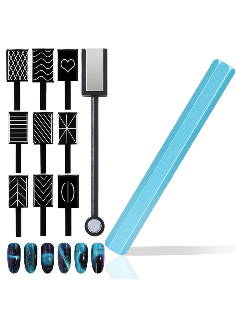 11 Pieces Cat Eye Magnet for Nails DoubleEnded Hexagon Strong Nail Magnet DoubleEnded Cat Eye Magnetic Stick 9 Stripe Nail Magnet Plates With Different Patterns Cat Eye Gel Polish Nail Art