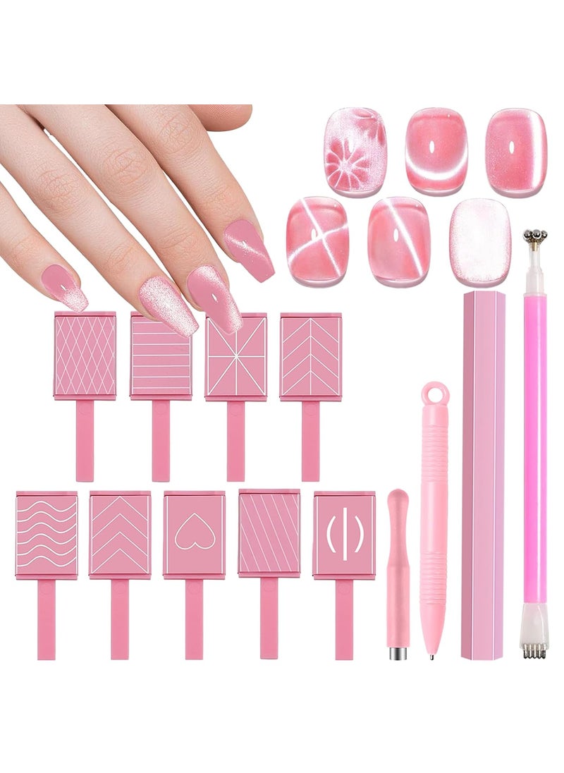 13 Pieces Pink Cat Eye Magnet for Nails DoubleEnded Hexagon Nail Magnet Stick Flower Cat Eye Magnetic Pen 9 Stripe Nail Magnet Plates With Different Patterns Cat Eye Gel Polish Nail Art