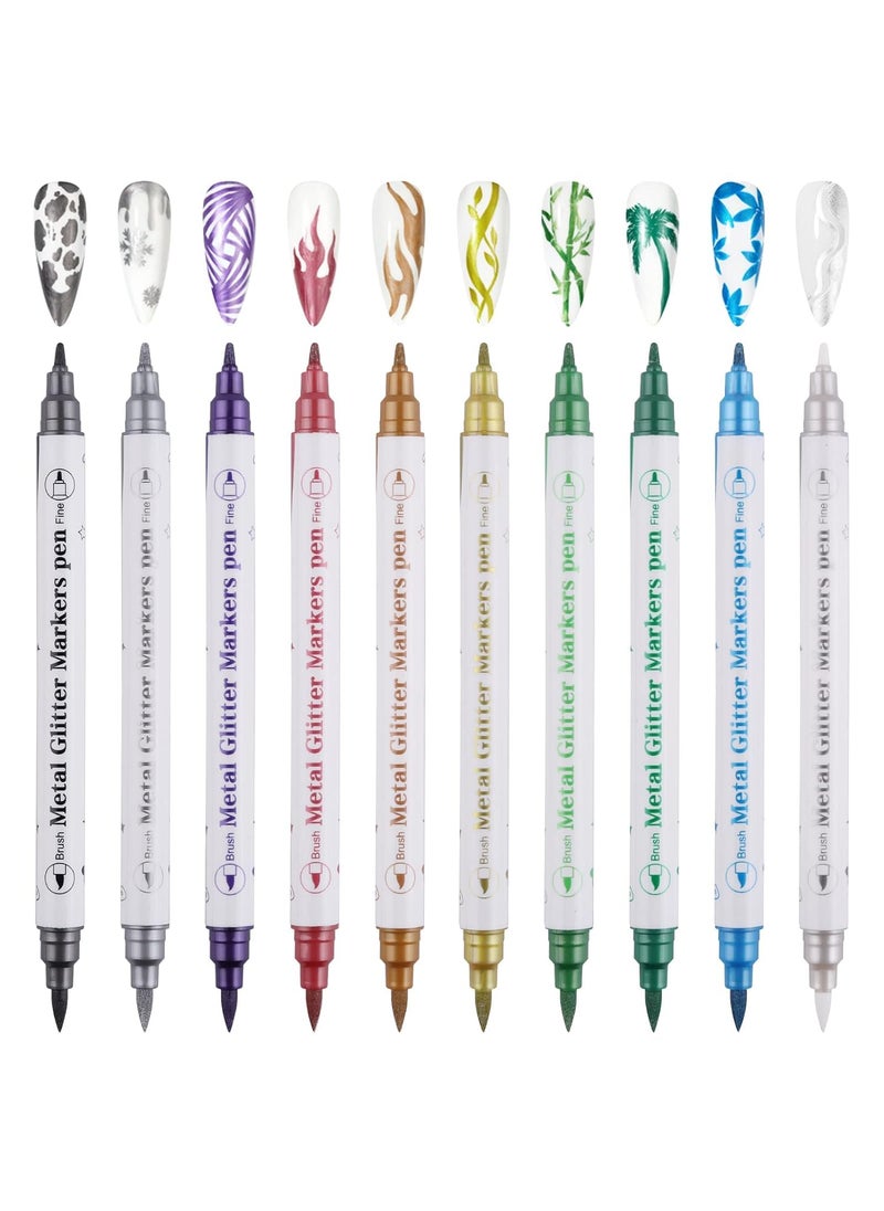 10 Color Metal Giltter 3D Nail Art Pens Set Kalolary Doubleended Nail Point Graffiti Dotting Pen Drawing Painting Liner Brush for DIY Nail Art Beauty Adorn Manicure ToolsG