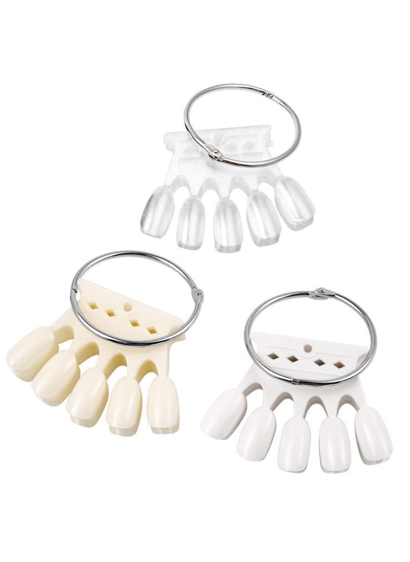 3 Sets Plastic Nail Swatches Crown Shape Fake Tips Nail Polish Display Board Practice Tool with Metal Ring HolderClear White Beige