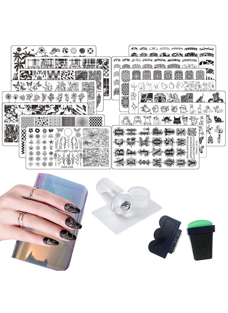 VNC 21 Pcs Nail Stamp Plates Set 16 Plate 2Stamper and 2 Scraper 1storage Bag Nails Art Stamping Plate Scraper Stamper Set Leaves Flowers Animal Nail Plate Template Image Plate Set