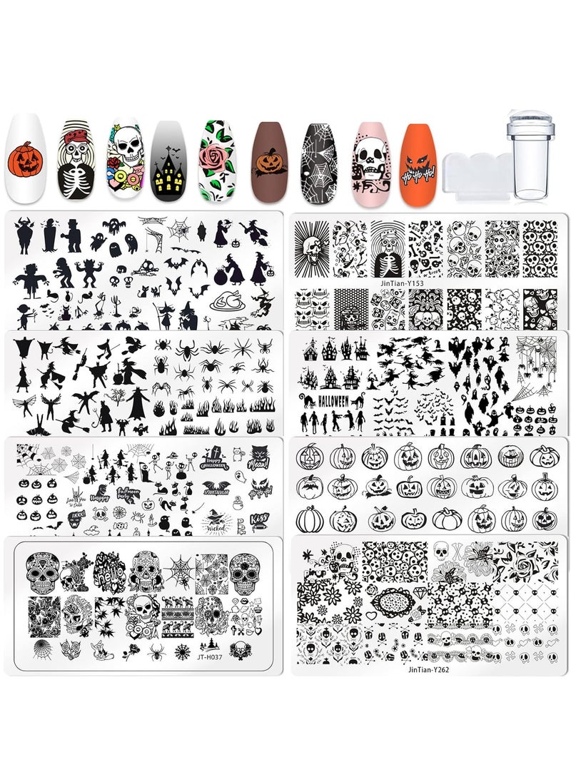 8 PCS Halloween Nail Art Stamping Plates Skull Ghost Bat Spider Witch Halloween Designs Nail Art Plates Templates Nail Stamping Plates 1 Stamper 1 Scraper Lace for DIY Printing Manicure Decoration