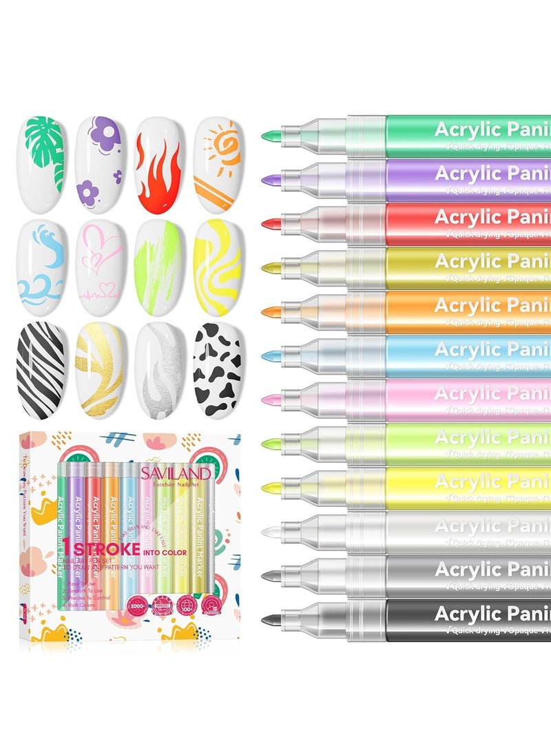 Saviland 12 Colors Nail Art Pens Set  3D Nail Polish Pens Acrylic Paint Pens Nail Markers for Nail Art Drawing Painting Nail Point Dotting Liner Pen Manicure Tools Nail Design Kit Home Nail Salon DIY
