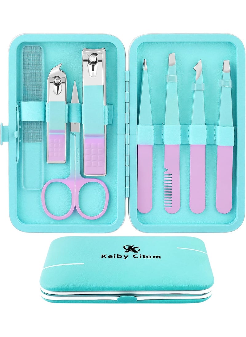 Tweezers Set and Nail Clippers 8Pcs Precision No Gaps Eyebrow Tweezer Kit for Facial Hair Men  Women Travel Tweezers with Leather CaseVioletCyan