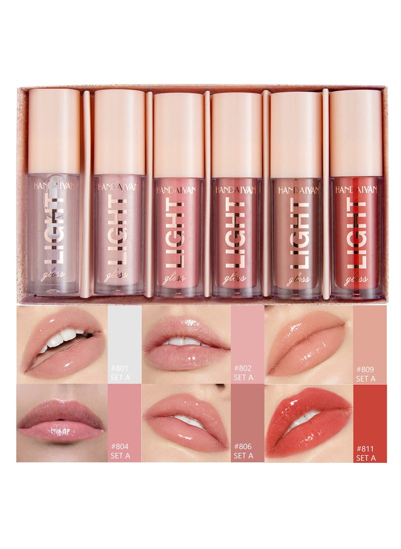 6PCS Lip Oil Light Lipgloss Set Moisturizing Hydrating Lip Glow Oil Lip Gloss Kit High Shine Lip Plumping Glass Finish Liquid Lipstick for Women Set A