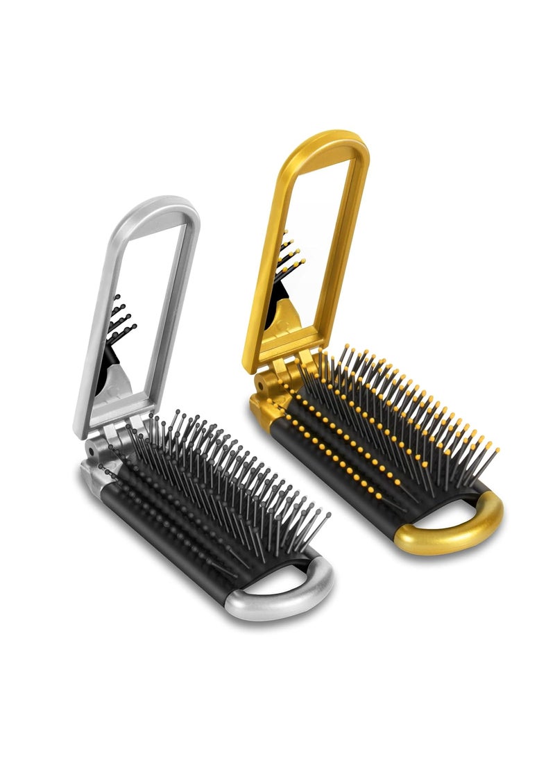 Yusong Mini Travel Hair Brush Set Folding Hairbrush with Mirror For Women Girls Compact Pocket Size Comb For Purse Gym Trip Swiming 2pcs GoldSilver