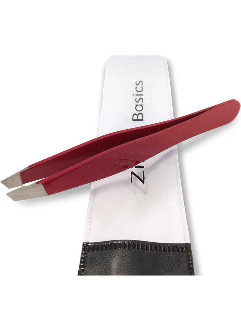 Tweezers  Surgical Grade Stainless Steel  Slant Tip for Expert Eyebrow Shaping and Facial Hair Removal  with Protective Pouch  Best Tweezer for Men and Women Ruby Red